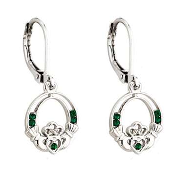 Biddy Murphy, Traditional Irish Claddagh Women's Earrings, Emerald Green Crystal Rhodium Plated Drops, Classic Silver Celtic Jewelry Made in Ireland by Artisan Jewelers