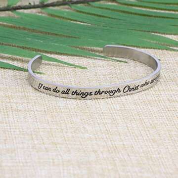 JoycuFF Inspirational Christian Jewelry Scripture Bracelet Bibe Verse Cuff Bangle I can do all things through Christ who strength me