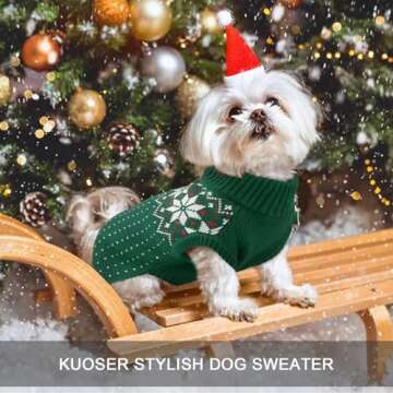 Kuoser Dog Cat Sweater, Holiday Christmas Snowflake Pet Warm Knitwear Dog Sweater Soft Puppy Clothing Dog Winter Coat, Dog Turtleneck Cold Weather Outfit Pullover for Small Medium Dogs Cats