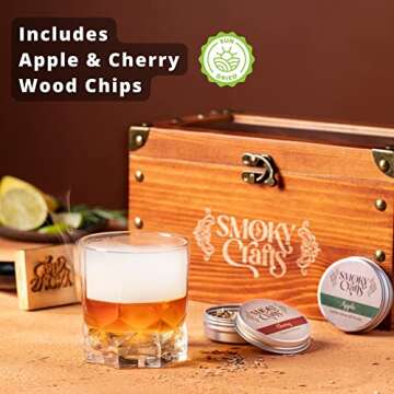 Smoky Crafts Cocktail Smoker Kit - Whiskey Smoker Kit with Smoking Gun, Cocktail Smoker Box, Food Tray and Wood Chips (Apple & Cherry) - Old Fashioned Smoker Kit (Torch Not Required)