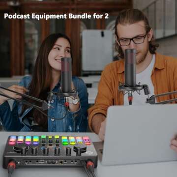 Podcast Equipment Bundle for 2, Audio Interface DJ Mixer with 48V XLR Condenser Microphone, Voice Change, RGB, for Streaming, Podcast Recording,Tiktok,PC, Smartphone COMMANDER M100 3rd