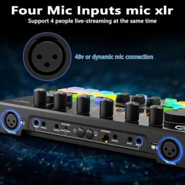 Podcast Equipment Bundle for 2, Audio Interface DJ Mixer with 48V XLR Condenser Microphone, Voice Change, RGB, for Streaming, Podcast Recording,Tiktok,PC, Smartphone COMMANDER M100 3rd