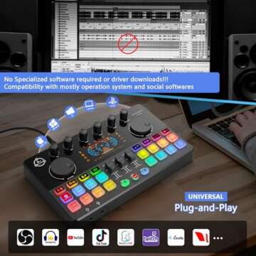 Podcast Equipment Bundle for 2, Audio Interface DJ Mixer with 48V XLR Condenser Microphone, Voice Change, RGB, for Streaming, Podcast Recording,Tiktok,PC, Smartphone COMMANDER M100 3rd