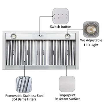 CT Copper Tailor Built-in Range Hood Insert/Liner 30 Inch, 610 CFM Vent with 4-Speed Fan, LED Light, Dishwasher-safe Baffle Filter,Stainless Steel