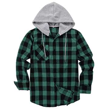 ZITY Men's Flannel Hoodie Shirts Casual Button Down Plaid Shirt Jackets for Men Long Sleeve Stylish Hooded with Pocket Black Green Medium