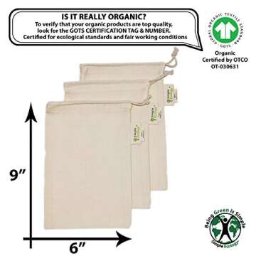 Simple Ecology Reusable Grocery Produce Shopping and Storage Bags, Organic Cotton Muslin, XSmall 3 pack