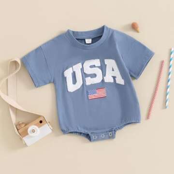 DuAnyozu Fourth of July Baby Boy Girl Outfit Newborn USA Bubble Romper Short Sleeve Shirt Jumpsuit American Flag Clothes (4th of July Retro Blue,6-12 Months)