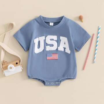 DuAnyozu Fourth of July Baby Boy Girl Outfit Newborn USA Bubble Romper Short Sleeve Shirt Jumpsuit American Flag Clothes (4th of July Retro Blue,6-12 Months)