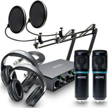 Movo PodKit2AH Podcast Equipment Bundle: 2 Condenser Mics, USB-C Interface & Arm