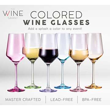 Colored Crystal Wine Glass Set of 6, Large Stemmed 12 oz Glasses, Great for all Occasions & Special Celebrations Unique Italian Style Tall Drinkware for Red & White Wine, Water Dinner, Color Glassware