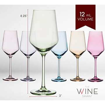 Colored Crystal Wine Glass Set of 6, Large Stemmed 12 oz Glasses, Great for all Occasions & Special Celebrations Unique Italian Style Tall Drinkware for Red & White Wine, Water Dinner, Color Glassware