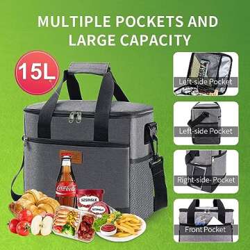 iknoe Large Cooler Bag Collapsible, 15L Insulated Bags, Leakproof Lunch Cooler Tote with Multi-Pockets for Adult