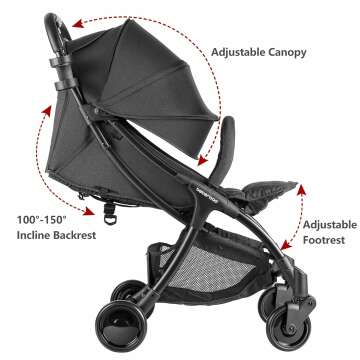 Beberoad Love R2 Small Travel Stroller Compact Stroller Foldable Lightweight Baby Stroller for Airplane, Infant Toddler Stroller with Adjustable Backrest, Cup Holder and Waterproof Canopy, Black