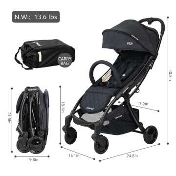 Beberoad Love R2 Small Travel Stroller Compact Stroller Foldable Lightweight Baby Stroller for Airplane, Infant Toddler Stroller with Adjustable Backrest, Cup Holder and Waterproof Canopy, Black