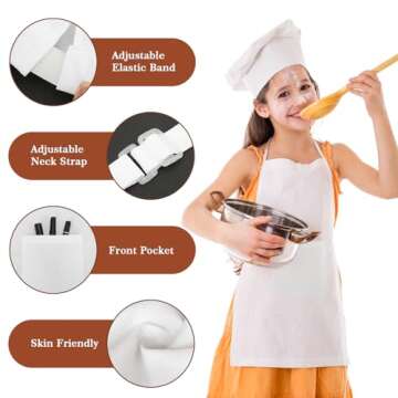 yotache Kids Apron and Chef Hat Set, Adjustable Toddler White Apron with Large Pocket Chef Costume Cooking, Baking, Painting for Boys and Girls (8-12 Years)