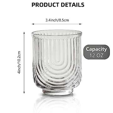 INSETLAN Vintage Glassware Arch Design Glass cups Set of 4, Fashioned Ripple Glassware Highball Glass, Classic Transparent Cocktail Glasses, for Bar Beverages Ice Coffee Juice Water (4pcs-S)