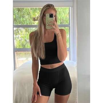 AYWA Casual Workout Sets Two Piece Outfits for Women Ribbed Crop Tank Top High Waist Leggings Active Wear (Black-shorts, Small)