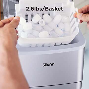 Silonn Ice Makers Countertop, 9 Cubes Ready in 6 Mins, 26lbs in 24Hrs, Self-Cleaning Ice Machine with Ice Scoop and Basket, 2 Sizes of Bullet Ice for Home Kitchen Office Bar Party, Sliver