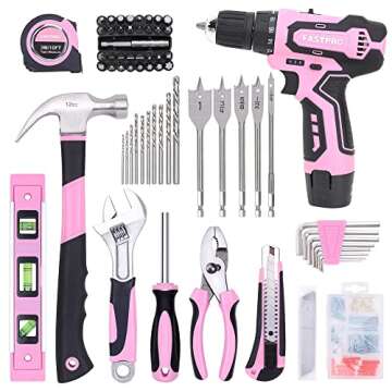 FASTPRO 175-Piece 12V Pink Drill Set, Cordless Lithium-ion Driver and Tool Kit, House Repairing Tool with 12-Inch Storage Bag, For DIY, Home Maintenance.