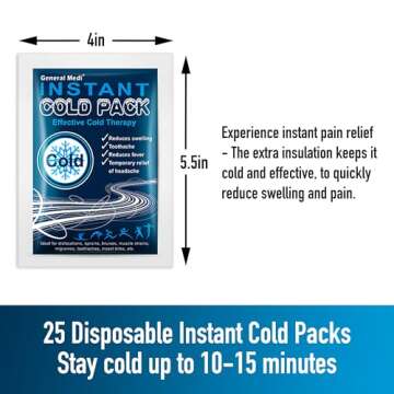 General Medi Instant Ice Cold Pack (4”x 5.5”) – 25 Packs Disposable Cold Therapy Ice Packs for Pain Relief, Swelling, Inflammation, Sprains, Toothache – for Athletes & Outdoor Activities