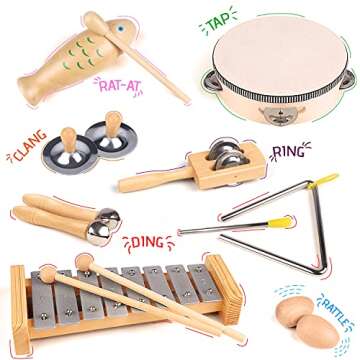 Chriffer Kids Musical Instruments Toys, Percussion Instruments Set with Xylophone, Preschool Educational Music Toys for Boys Girls, Natural Eco-Friendly Wooden Music Set (8)