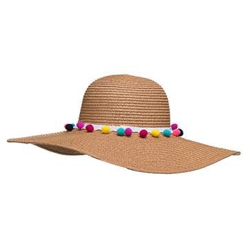 Womens Straw Sun Hat with Pom Pom Trim | Adjustable Foldable Packable Wide Brim | UV Sun Protection for Vacation Pool Party Honeymoon Beach Summer (Beige)