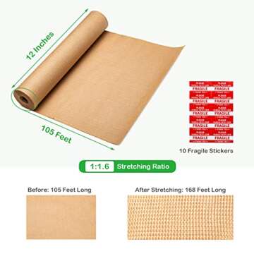 Wowxyz Honeycomb Packing Paper Wrap 12"x105' Recycled Cushion Wrapping Roll Eco Friendly Shipping Moving Green Wrap with 10 Fragile Sticker Labels - Protective Kraft Packaging Suppliers Brown