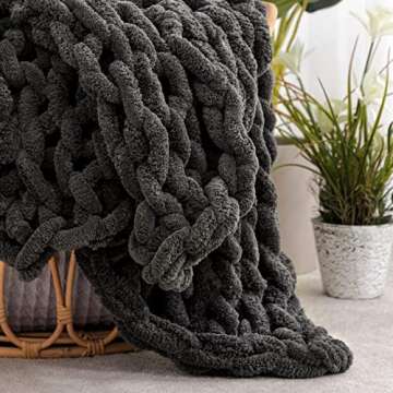 HBlife Chunky Knit Throw Blanket 50X60 Inches, Super Warm Soft Chenille Yarn Cable Knitted Blankets and Throws Boho Giant Cozy Thick Crochet Blanket for Sofa Bed Couch, Dark Grey