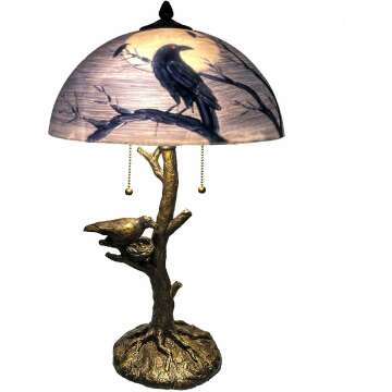 Bieye L10945 Ravens Sitting on Bare Tree Branch Against Full Moon Hand-Painted Glass Table Lamp with Raven Nest Lamp Base for Halloween Home Decor