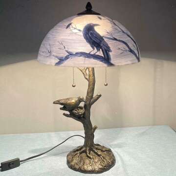 Bieye L10945 Ravens Sitting on Bare Tree Branch Against Full Moon Hand-Painted Glass Table Lamp with Raven Nest Lamp Base for Halloween Home Decor