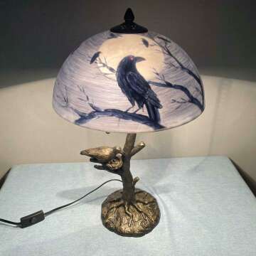 Bieye L10945 Ravens Sitting on Bare Tree Branch Against Full Moon Hand-Painted Glass Table Lamp with Raven Nest Lamp Base for Halloween Home Decor