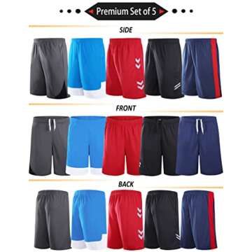 5 Pack Big Boys Youth Athletic Mesh Basketball Shorts with Pockets Quick Dry Activewear (Set 2, Large)