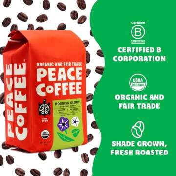 Peace Coffee Morning Glory Signature Blend | 20 oz Ground Light Roast | Organic Fair Trade | Smooth, Mild Flavor | Shade Grown, Fresh Roasted