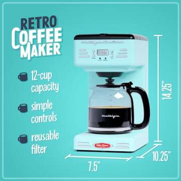 Nostalgia Retro 12-Cup Programmable Coffee Maker With LED Display, Automatic Shut-Off & Keep Warm, Pause-And-Serve Function, Aqua