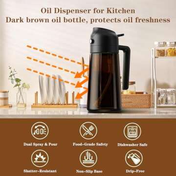 Kitchen Maiden 2 in 1 Oil Dispenser and Glass Oil Sprayer Kitchen Cooking, 470ml g 16oz Evermore Olive Oil Dispensing Sprayer Pour, Reciprocal 2 way Two in One Oil Bottles BBQ, Upgraded Brown (BLACK)