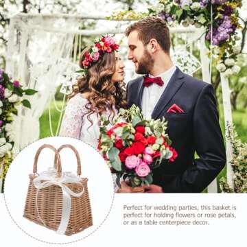 PRETYZOOM Flower Girl Baskets with Handle Cute Wedding Rattan Baskets Wicker Rattan Flower Basket Wicker Handbag Basket Purse Retro Women Straw Tote Candy Basket for Home Decor