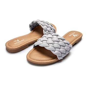 FITVALEN Braided Sandals For Women Round Open Toe Flat Sandals for Summer Dressy Memory Foam Comfort Fashion Women Slides for Daily Wear Beach Wedding Party (Grey, numeric_7)