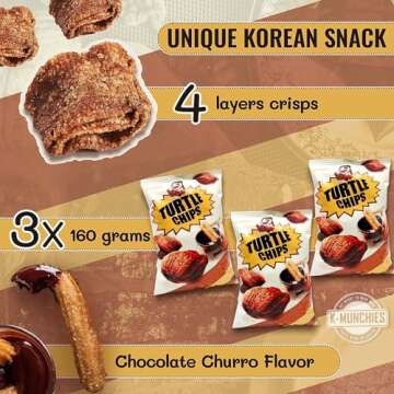 K-Munchies Orion Turtle Chips - 3 Packs of 160-gram Choco Churro Flavor Korean Chips - Sweet, Crispy, Korean Snacks with Hint of Cinnamon - Bite-Sized, On-The-Go Korean Corn Snack