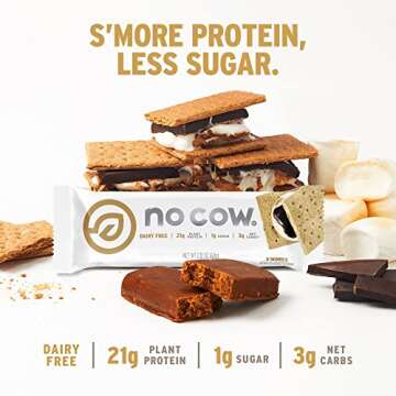 No Cow High Protein Bars, S'Mores - Healthy Snacks, 20g Vegan Protein, High Fiber, Low Sugar, Keto Friendly, Dairy & Gluten Free (12 Count)