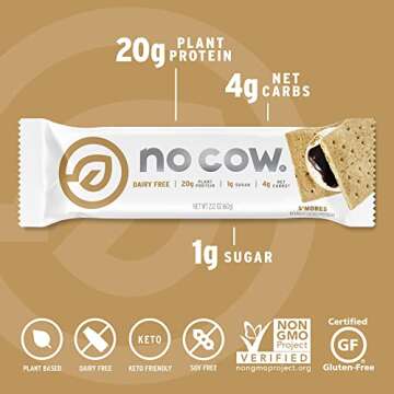 No Cow High Protein Bars, S'Mores - Healthy Snacks, 20g Vegan Protein, High Fiber, Low Sugar, Keto Friendly, Dairy & Gluten Free (12 Count)