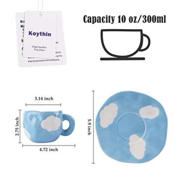 Koythin Ceramic Coffee Mug with Saucer Set, Cute Cloud Coffee Mug and Cup for Office and Home, Blue Sky and White Clouds Cups, 10 oz/300 ml for Latte Tea Milk