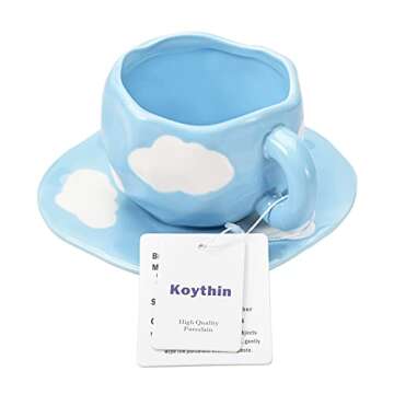 Koythin Ceramic Coffee Mug with Saucer Set, Cute Cloud Coffee Mug and Cup for Office and Home, Blue Sky and White Clouds Cups, 10 oz/300 ml for Latte Tea Milk