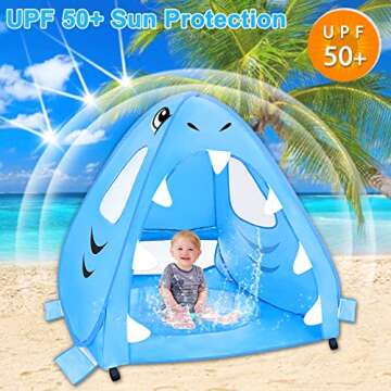 [ Extra High ] Shark Baby Beach Tent with Pool, Pop Up Baby Pool Tent UPF 50+ UV Protection 4 Sand Pockets 3 Mesh Windows Waterproof Sun Shelters Beach Shade Tent for 1-2 Baby Toddler Aged 3-60 Months