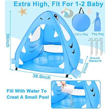 [ Extra High ] Shark Baby Beach Tent with Pool, Pop Up Baby Pool Tent UPF 50+ UV Protection 4 Sand Pockets 3 Mesh Windows Waterproof Sun Shelters Beach Shade Tent for 1-2 Baby Toddler Aged 3-60 Months