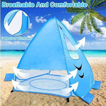 [ Extra High ] Shark Baby Beach Tent with Pool, Pop Up Baby Pool Tent UPF 50+ UV Protection 4 Sand Pockets 3 Mesh Windows Waterproof Sun Shelters Beach Shade Tent for 1-2 Baby Toddler Aged 3-60 Months