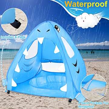 [ Extra High ] Shark Baby Beach Tent with Pool, Pop Up Baby Pool Tent UPF 50+ UV Protection 4 Sand Pockets 3 Mesh Windows Waterproof Sun Shelters Beach Shade Tent for 1-2 Baby Toddler Aged 3-60 Months