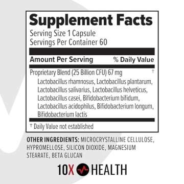 10X Health Probiotics - Immune Support Supplement & Probiotics for Digestive Health w/Lactobacillus Acidophilus, Rhamnosus & Bifidobacterium Longum, Dietary Supplements w/Essential Enzymes (60 Caps)