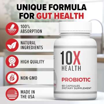 10X Health Probiotics - Immune Support Supplement & Probiotics for Digestive Health w/Lactobacillus Acidophilus, Rhamnosus & Bifidobacterium Longum, Dietary Supplements w/Essential Enzymes (60 Caps)