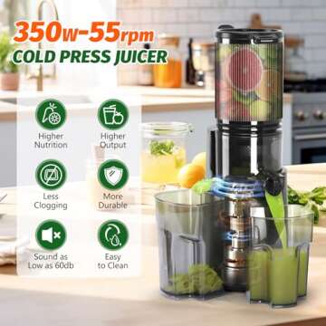 Cold Press Juicer, Masticating Juicer with 5.4" Wide Feed Chute, 350w Slow Juicer Machines Fit Whole Vegetables and Fruits,Juice Extractor Machine with High Juice Yield, Easy to Clean(Black)