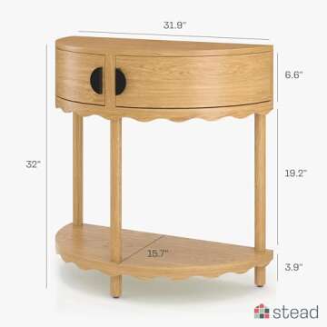 Scalloped Skirt Half Moon Console Table - Small Entry Desk with Storage for Narrow Spaces - Modern Home Decor - Living Room Furniture - Solid Wood Entryway Table with Two Doors (Natural Oak)